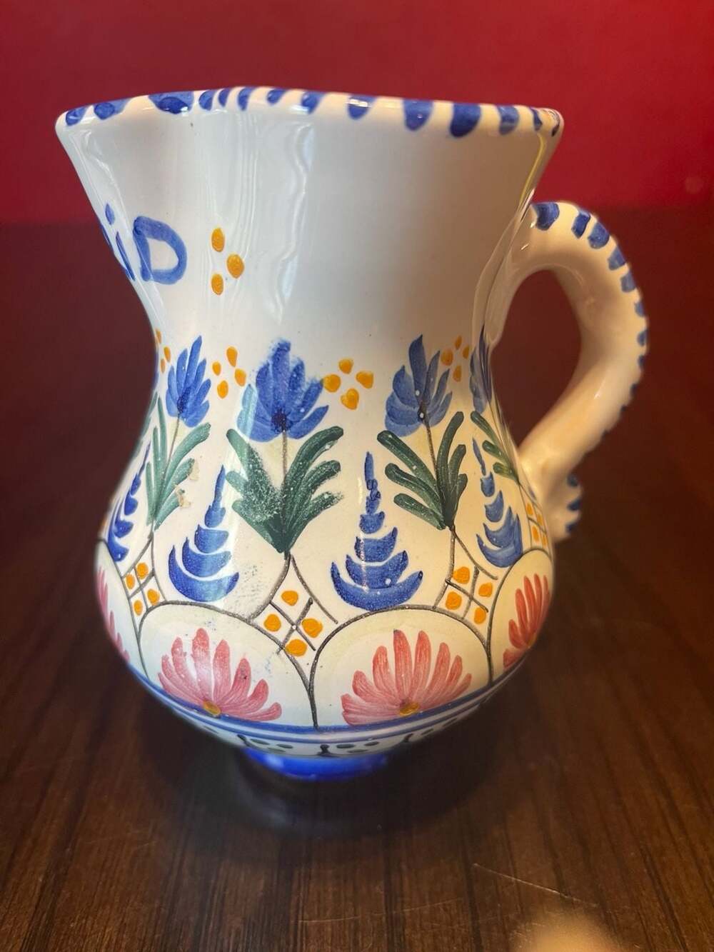 Vntg Hand Painted Spanish Ceramic Pitcher w/Floral Pattern & Madrid Inscription